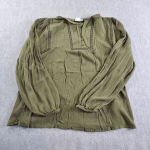 GAP Top Women Small Green Blouse Solid Lace Trim Long Sleeve V Neck Button Front